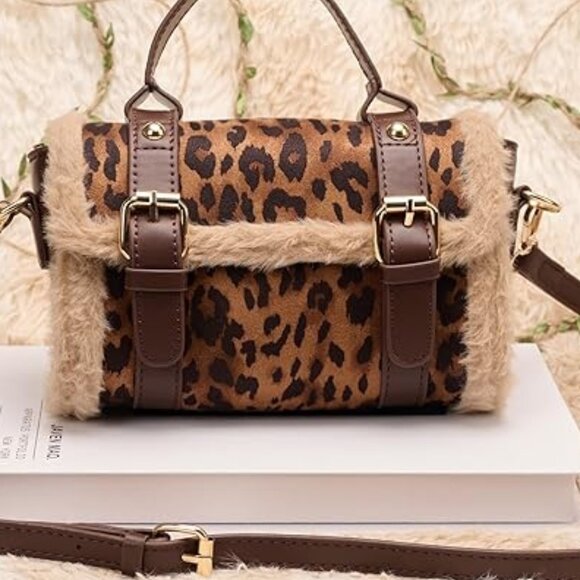 Neiman Marcus Leopard Brown Shearling Leather Handbag - Picture 4 of 4